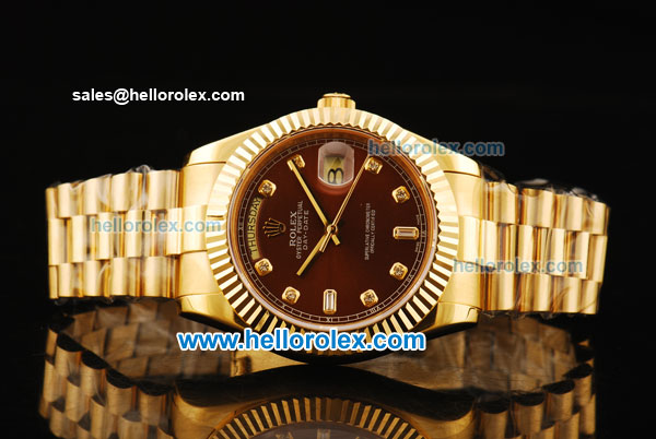 Rolex Day-Date II Automatic Movement Full Gold with Brown Dial and Diamond Markers - Click Image to Close